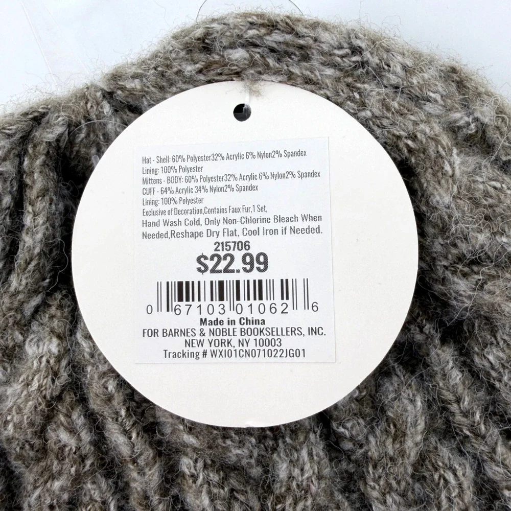 Barnes & Noble Reindeer Hat Mittens Set Kids 3-6Y Gray Fleece Lined Cable Knit
